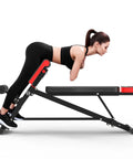Side view of adjustable weight bench for home gym and roman chair, 500 lb capacity, decline or flat bench in use by a woman