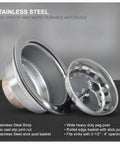 Heavy Duty Stainless Steel Kitchen Sink Drain Assembly With Strainer Basket And Rubber Stopper Built To Last Three And A Half Inch Fits Standard Three And A Half To Four And A Half Inch Flanges Durable Plug And Easy Install with stainless steel body and wide peg post, shown disassembled.