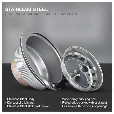 Heavy Duty Stainless Steel Kitchen Sink Drain Assembly With Strainer Basket And Rubber Stopper Built To Last Three And A Half Inch Fits Standard Three And A Half To Four And A Half Inch Flanges Durable Plug And Easy Install with stainless steel body and wide peg post, shown disassembled.