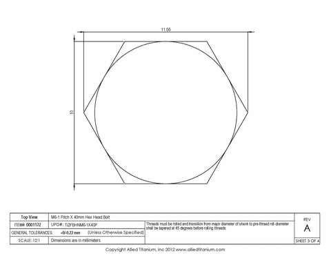 Top Shelf Grade Two Titanium Hex Head Bolts M6 Metric Thread By Forty Millimeter drawing showing dimensions and specifications.