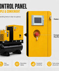 Workhorse Pro Grade Variable Frequency Drive Rotary Screw Air Compressor System With 39 CFM At 125 PSI, 80 Gallon ASME Tank, Refrigerated Dryer, 10HP 7.5KW, Single Or Three Phase 208-230V Industrial Base, control panel with display and emergency stop