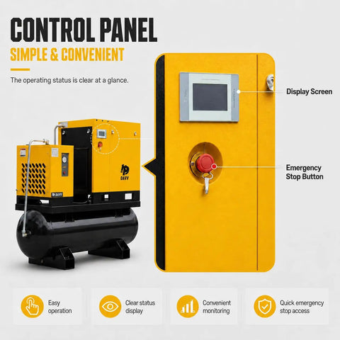 Workhorse Pro Grade Variable Frequency Drive Rotary Screw Air Compressor System With 39 CFM At 125 PSI, 80 Gallon ASME Tank, Refrigerated Dryer, 10HP 7.5KW, Single Or Three Phase 208-230V Industrial Base, control panel with display and emergency stop