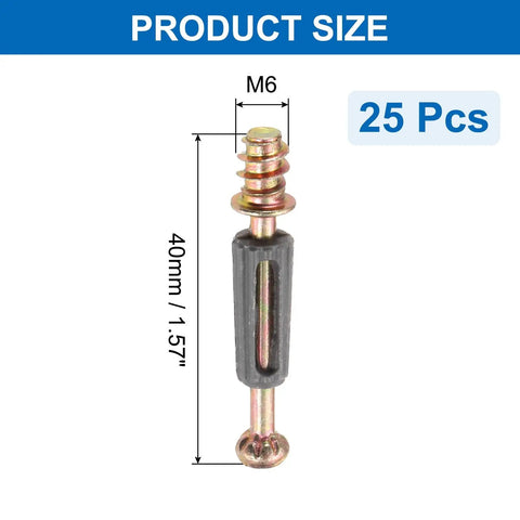 Top Shelf Heavy Duty Twenty Five Pack M6x40mm Zinc Alloy Cam Lock Screw size dimensions for furniture assembly.