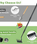 Comparison of Manual Weeder Tool With 6 Tines Garden Rake, long rustproof metal handle vs wooden handle, sharp blade detail
