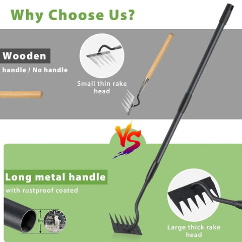 Comparison of Manual Weeder Tool With 6 Tines Garden Rake, long rustproof metal handle vs wooden handle, sharp blade detail