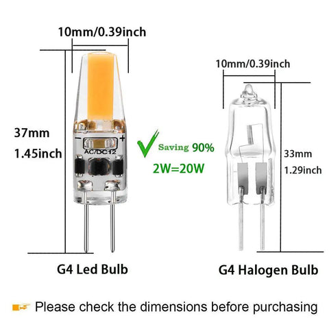 Comparison of G4 Bi Pin LED Bulb 2W Equal To 20W Warm White 3000K, 210 Lumens with G4 halogen bulb, showing dimensions and energy saving