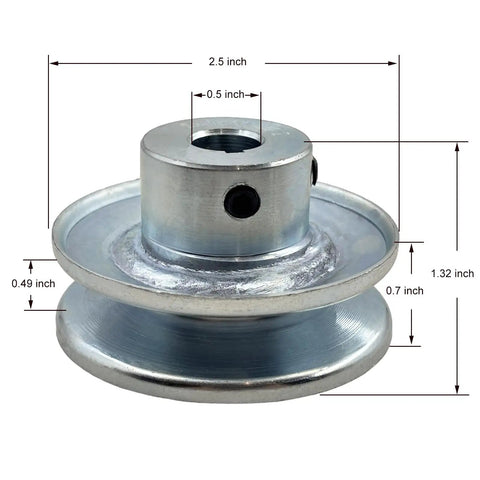 Single Groove V Belt Pulley Two Point Five Inch OD One Half Inch Bore Motor Pulley Built Tough Carbon Steel Zinc Plated For A Three L Four L V Belts 1020 Steel Construction Standard Keyseat One Eighth By One Sixteenth Includes Two Screws And Wrench
