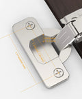 Close-up of Soft Close Concealed Cabinet Hinges 1/8 1/4 5/16 Overlay For Face Frame And Frameless Doors 3D Adjustable Clip Plate self closing in satin nickel finish.