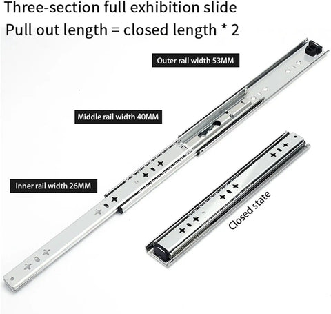 One Pair Heavy Duty Drawer Slides Ball Bearing Full Extension Cabinet Rails Three Fold Design, showing three-section slide lengths.