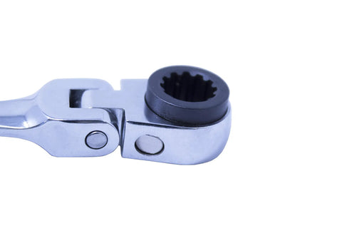 Close-up of joint on 8x10mm Double Box Universal Spline Reversible Ratcheting Wrench With 90 Tooth Design Long Reach Flexible Handle