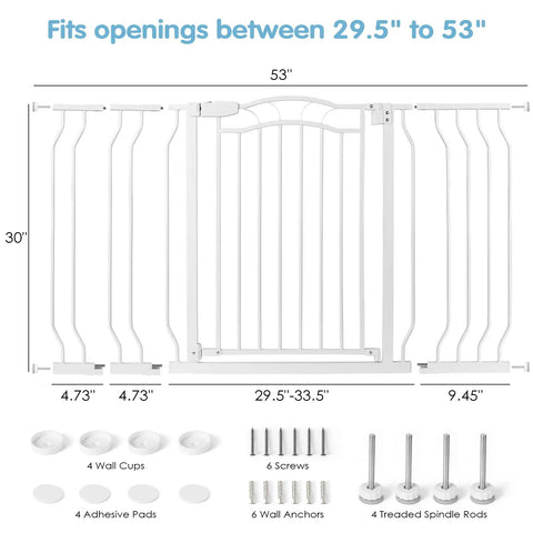 Adjustable 29.5 To 53 Inch Wide Baby Gate For Doors And Stairs, 30 Inch Tall, showing included mounting components.