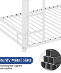Sturdy slats and steel frame of Metal Twin Over Twin Bunk Bed With Noise Reduction Durable Steel Frame Rust Resistant White Finish Safe Guard Rails