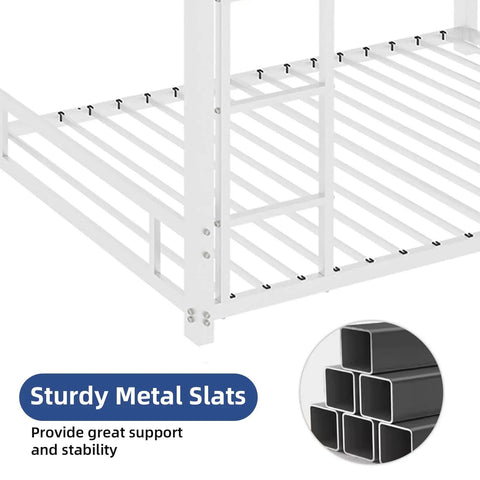Sturdy slats and steel frame of Metal Twin Over Twin Bunk Bed With Noise Reduction Durable Steel Frame Rust Resistant White Finish Safe Guard Rails