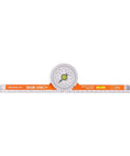 Badass 3-Way Bevel Angle Finder And Miter Protractor With Integrated Spirit Level For Roofing Carpentry And Precision Layouts That Nail Angles Dead On Every Single Job, featuring an orange measuring scale and bubble level.