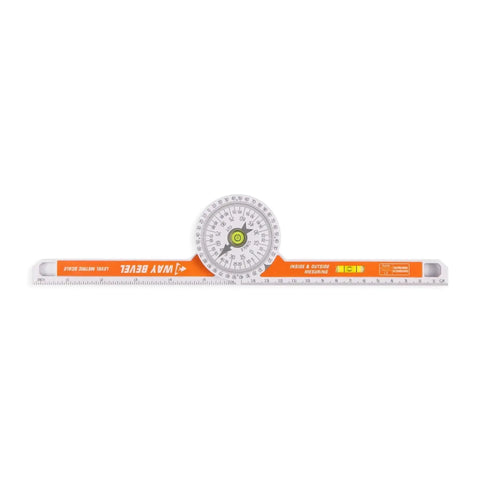 Badass 3-Way Bevel Angle Finder And Miter Protractor With Integrated Spirit Level For Roofing Carpentry And Precision Layouts That Nail Angles Dead On Every Single Job, featuring an orange measuring scale and bubble level.