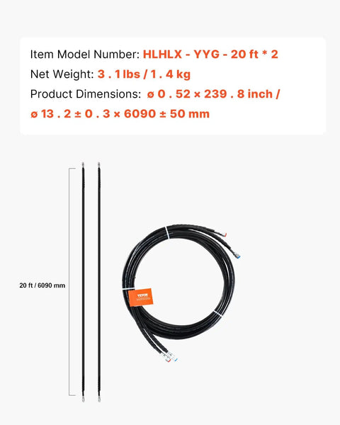 20ft Hydraulic Steering Hose Kit for Outboard Motors 2 Pack Leak Proof TPEE Hoses product image with measurement details