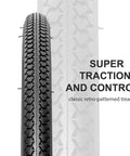 Two Pack 26 By 1 And Three Eighths Inch Folding Bike Tires With Inner Tubes And Tire Levers For Vintage Urban Bicycles Schrader Valve ETRTO 37 590 Mm Replacement Set Classic Retro Look Ready To Roll showing tire tread pattern for traction and control