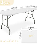 Six Foot Folding Table For Indoor And Outdoor Use, Lightweight Portable Rectangular White Plastic Dining Table With Steel Legs