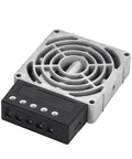 Built Like A Tank Industrial Air Heater And Dehumidifier Fan For Power Distribution Cabinets With Rock Solid Aluminum Heating Core Featuring 400 Watts AC 220V, gray aluminum housing and fan.