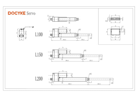 DOCYKE Servo linear actuators L100/L150/L200 technical schematics.