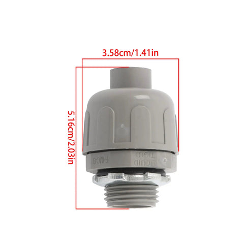Heavy Duty Liquid Tight Connector 1/2 Inch Straight 180 Degree No Sweat Install Steel Plastic Conduit Fitting Solid Grip 150 Pack viewed from the top with measurements.