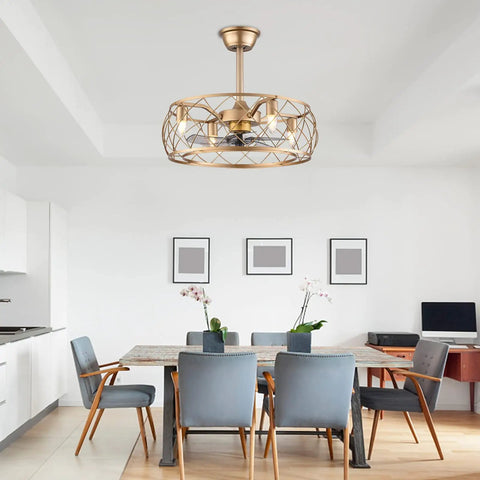 Dope Industrial 20 Inch Ceiling Fan With Light And Remote, gold cage fixture in modern dining room, 3 speeds, E27 bulb base.