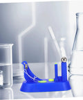 Educational Newtonian Pendulum Swing Tool For Physics Experiments on lab table, blue plastic with metal ball, classroom use.
