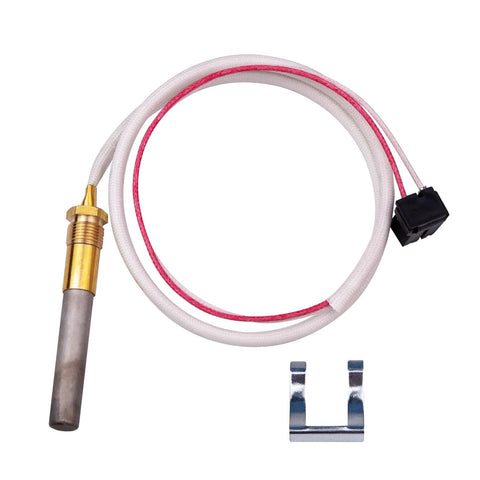 750mV thermopile sensor assembly for gas water heater; brass tip, white sleeved leads with red stripe, mounting clip.