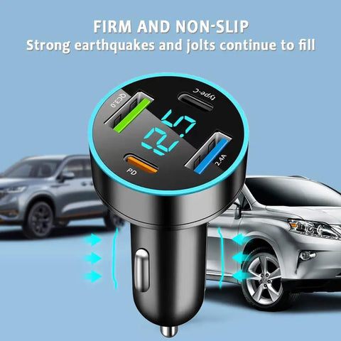 Straight Up Fast Four Port Car Charger Featuring Digital Voltmeter Pd Qc3.0 Usb C Cigarette Lighter Plug shown with car.