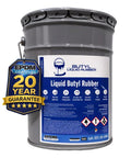 Straight Up Heavy Duty Liquid Butyl Rubber Roof Coating Featuring Zero Hassle Waterproof Sealing One Coat Application Bonding Like Crazy To Nearly Every Surface In A Top Tier Five Gallon White Bucket, gray bucket with label.
