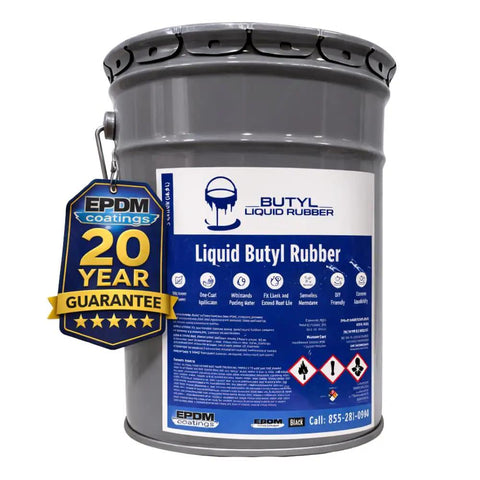 Straight Up Heavy Duty Liquid Butyl Rubber Roof Coating Featuring Zero Hassle Waterproof Sealing One Coat Application Bonding Like Crazy To Nearly Every Surface In A Top Tier Five Gallon White Bucket, gray bucket with label.