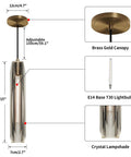 Diagram of Smokey Crystal Pendant Light in Antique Brass Gold Finish with measurements and components labeled