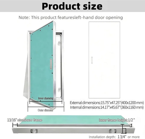 Product size details of Heavy Duty Aluminum Drywall Access Panel 16 By 48 Inches No Sweat Install Paintable Wall Inspection Hatch