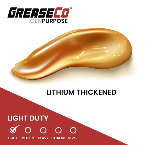 Front view of general purpose lithium grease tube, amber cartridge, light-duty, GreaseCo GenPurpose branding.