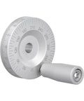 Top Shelf Aluminum Mini Handwheel, Rock Solid Manual Dial, Dead On Engraved Scale, 50Mm Slide Control For CNC Lathes And Shop Milling Tools, Slick Silver Finish, 8Mm Bore shown at an angle showing engraved scale and handle.