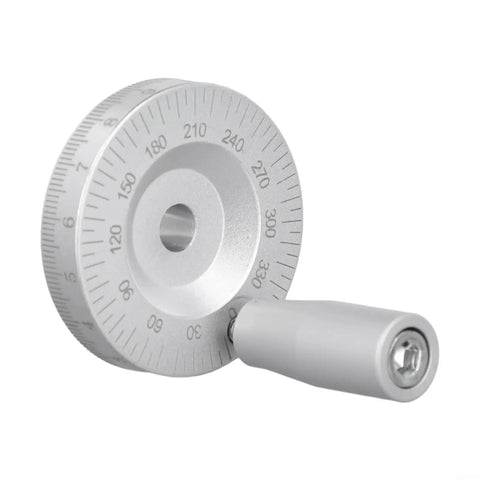 Top Shelf Aluminum Mini Handwheel, Rock Solid Manual Dial, Dead On Engraved Scale, 50Mm Slide Control For CNC Lathes And Shop Milling Tools, Slick Silver Finish, 8Mm Bore, close-up view.
