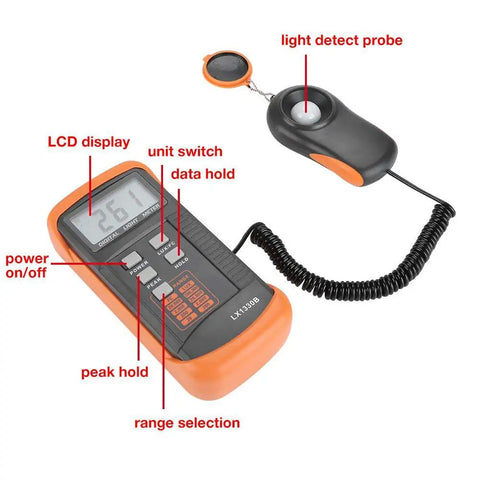 Grab-And-Go Digital Lux Meter With LCD Display, 0-200,000 Lux Range, Auto Range, Data Hold And Peak Hold, Low Power, Quick Response Illuminometer For Light Testing In Workshops, Labs, And On The Go., handheld digital lux meter with LCD display and probe