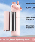 Cross-section of 26 oz stainless steel insulated water bottle with 2-in-1 straw and spout lid, showcases leak-proof and BPA-free features.