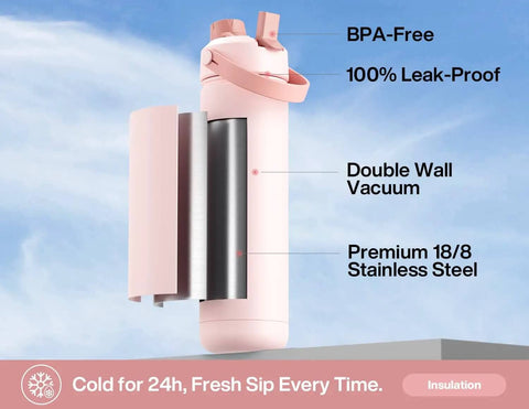 Cross-section of 26 oz stainless steel insulated water bottle with 2-in-1 straw and spout lid, showcases leak-proof and BPA-free features.