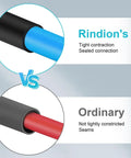 Comparison image of Rindion's black heat shrink tubing vs ordinary, illustrating tight contraction and sealed connection