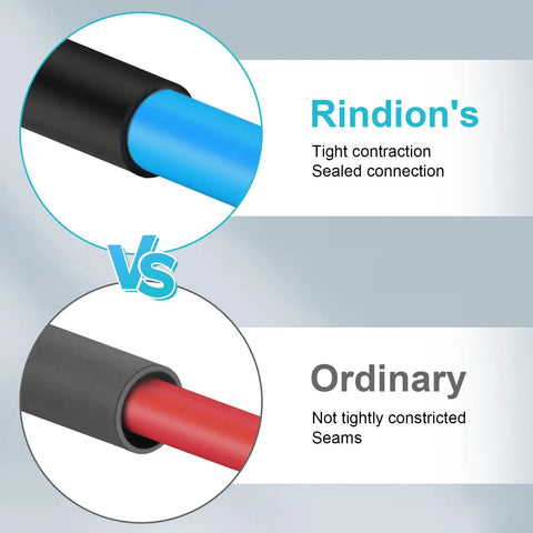 Comparison image of Rindion's black heat shrink tubing vs ordinary, illustrating tight contraction and sealed connection