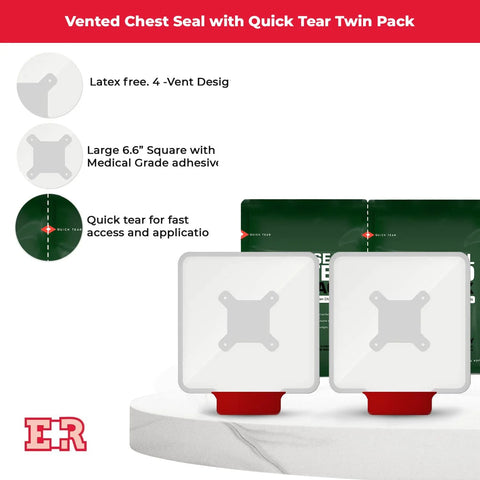 Front view of Ever Ready First Aid vented chest seal twin pack with two 6.6-inch white square dressings.