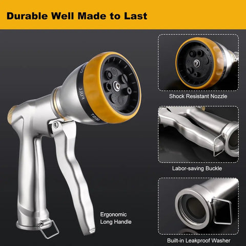 Heavy Duty 100 Percent Metal Hose Nozzle With 7 Spray Patterns High Pressure Sprayer, ergonomic zinc alloy, leak proof design