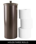 Freestanding Bronze Toilet Paper Holder With Lid For Three Extra Rolls next to three white toilet paper rolls.