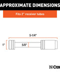 Diagram of a locking trailer hitch pin with five eighth inch diameter for two inch receiver, showing dimensions and barbell style design.
