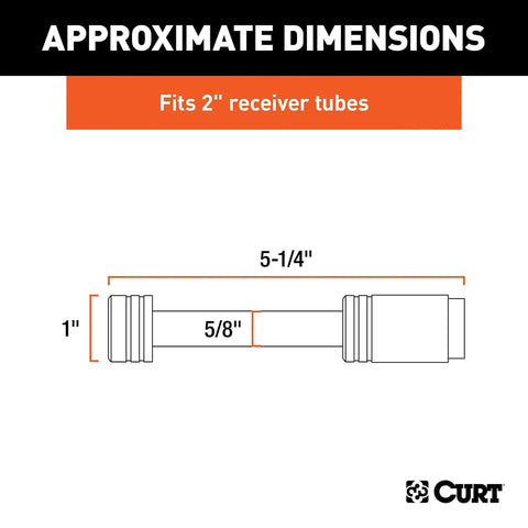 Diagram of a locking trailer hitch pin with five eighth inch diameter for two inch receiver, showing dimensions and barbell style design.