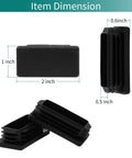 1x2 Inch Rectangle Tubing Plug Set Of 10 with End Caps, dimension illustration showing black durable plastic with ribbed design for easy fit