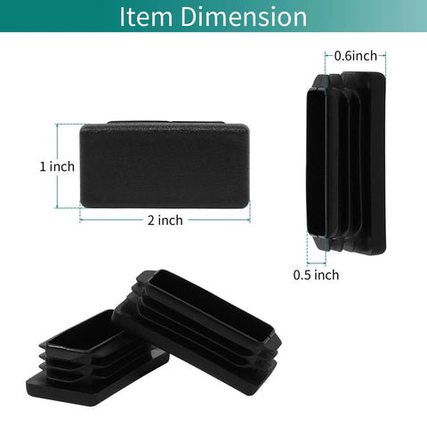 1x2 Inch Rectangle Tubing Plug Set Of 10 with End Caps, dimension illustration showing black durable plastic with ribbed design for easy fit