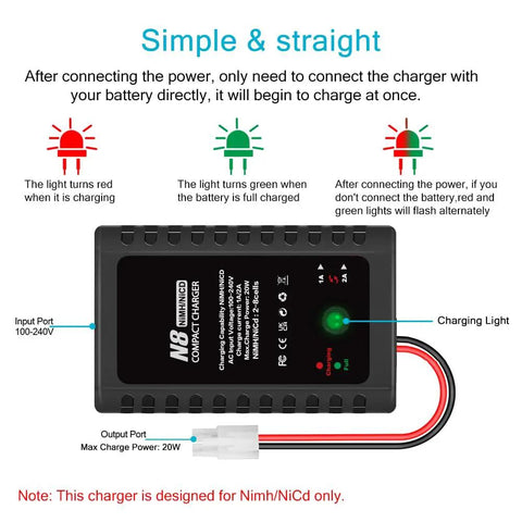 Smart 2-8S NiMH NiCd Battery Charger for RC Cars Boats Drones and Airsoft Gear with Tamiya Connectors, LED Charging Indicators