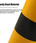 Heavy Duty Traffic Safety Bollards Constructed Tough With Vivid Reflective Tape For Driveway Barriers And City Streets Premium Steel Warning Stakes Secure Mounting Set close-up of sturdy steel material with black and yellow colors.